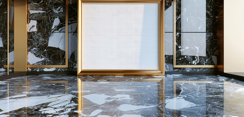 Modern art space featuring a 3D empty frame on a luxurious Belvedere marble floor.