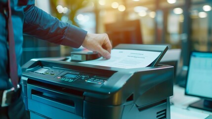 A businessman in a corporate office environment uses a multifunction laser printer to print important documents. The image highlights the use of ink or toner supplies in a professional setting.