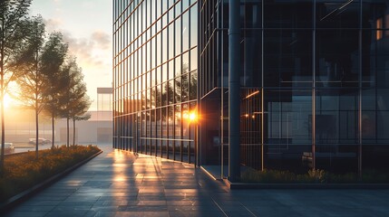 A sleek, modern office building illuminated by the morning sun. 8k, realistic, full ultra HD, high...