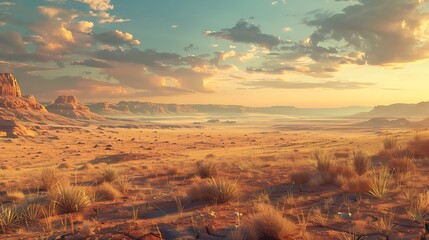 A desert landscape with distant mesas