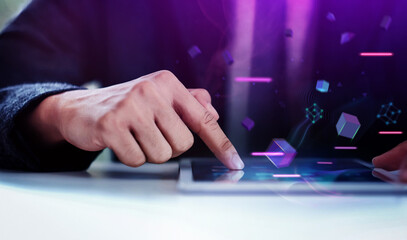 Close up of a Businessman Working on Digital Web3 or Blockchain Technology via Tablet in Office on...