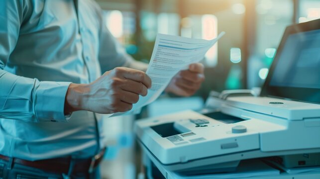 A businessman in a corporate office environment uses a multifunction laser printer to print important documents. The image highlights the use of ink or toner supplies in a professional setting.