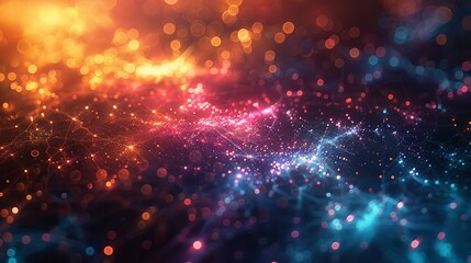 Fototapeta premium A detailed representation of a global database, featuring interconnected data points and pathways glowing in multiple colors, with a bright, dynamic background and bokeh effect to highlight