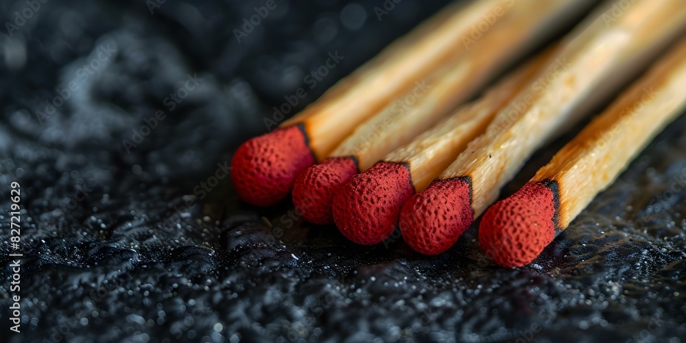 Poster minimalist composition of matchsticks on dark surface with space for text. concept minimalist photog