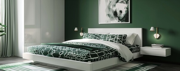 A sleek luxury bedroom with walls in a rich forest green, featuring a minimalist bed with a white lacquered frame. Forest green