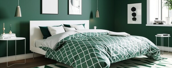 A sleek luxury bedroom with walls in a rich forest green, featuring a minimalist bed with a white lacquered frame. Forest green