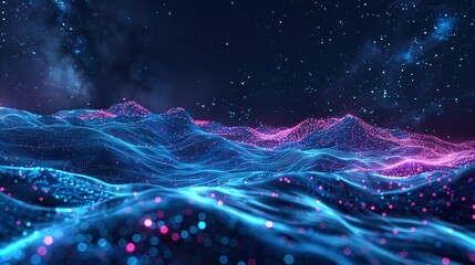an abstract background of blue and pink particles forming a wave pattern, with sparkly star-like shapes scattered in the background.