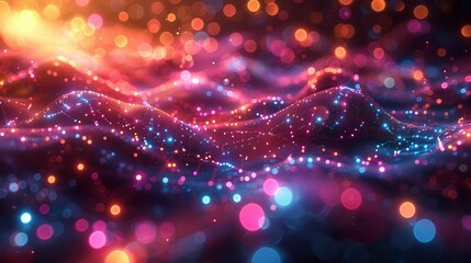 An engaging 3D rendering of big data analytics, showing intricate data pathways and nodes illuminated by various colors, set against a dynamic, glowing environment with a subtle bokeh effect.