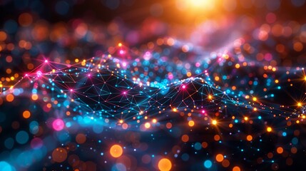 A conceptual visualization of AI-driven data streams, with colorful neural network connections glowing against a bright, bokeh-enhanced backdrop to showcase the digital flow of information.
