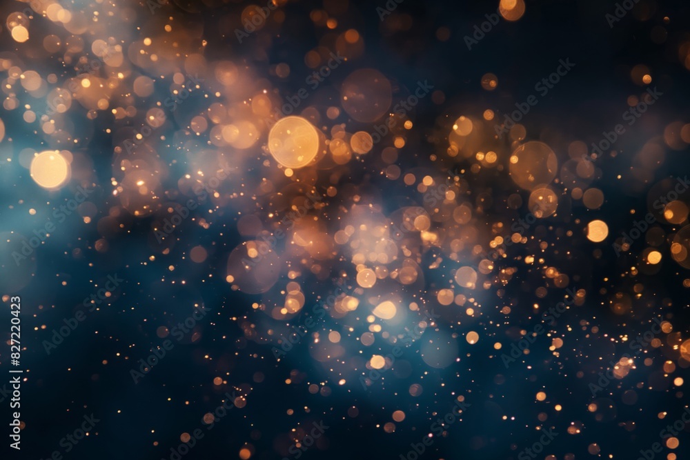 Poster glowing golden bokeh lights on abstract enchanting night sparkles background. creating a mystical an