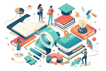 isometric illustration of people reading and studying with books, representing the concept of lifelong learning and the pursuit of knowledge.
