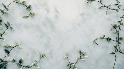 Minimalistic green vines frame the top of a cool marble texture, providing natural contrast
