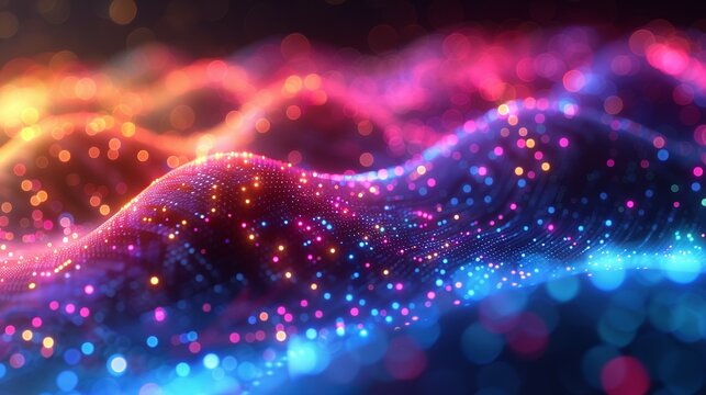 An abstract 3D illustration of big data streams, with colorful data nodes and pathways glowing in various hues, set within a bright, dynamic environment with a soft bokeh effect to emphasize the