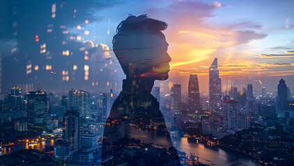 Double exposure of man and cityscape silhouette