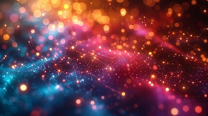 An engaging 3D rendering of big data analytics, showing intricate data pathways and nodes illuminated by various colors, set against a dynamic, glowing environment with a subtle bokeh effect.