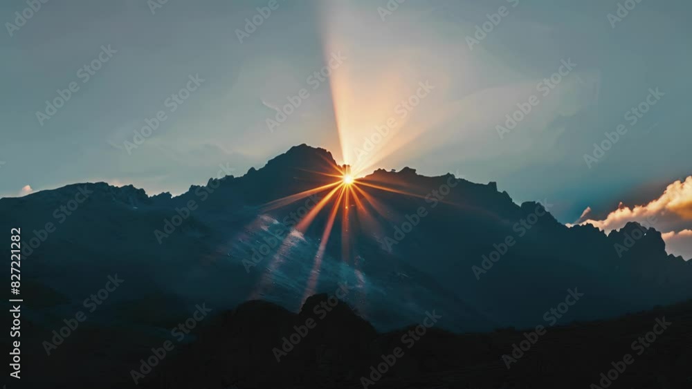 Poster a mountain peak is enveloped in a soft glow as the crepuscular rays from the setting sun peek throug