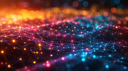 A detailed representation of a global database, featuring interconnected data points and pathways glowing in multiple colors, with a bright, dynamic background and bokeh effect to highlight