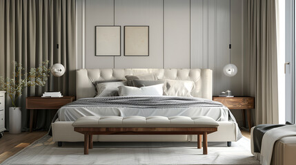 Well decorated hotel bedroom in soft lights,White pillow and blanket on bed decoration in beautiful luxury bedroom interior,Comfortable bed with crumpled linen and pillows in stylish room interior
