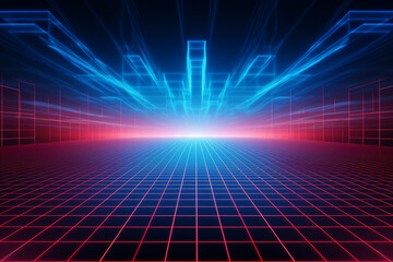 Futuristic neon grid landscape with glowing blue and red lights. Perfect for tech, cyber, and digital-themed designs.