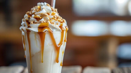  ice cream milkshake with caramel drizzle and topped with whipped cream, chopped nuts, and a straw in it on the table