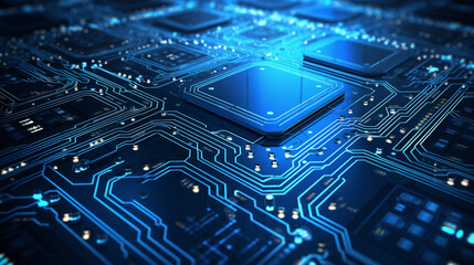Close-up of a futuristic blue circuit board with glowing pathways, representing advanced technology and computer hardware concepts.