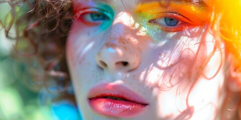 Close-up portrait of a young woman with bright, colorful makeup.