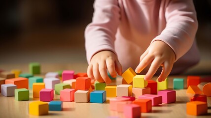 Child playing with small colored cubes. selective focus. Generative AI,