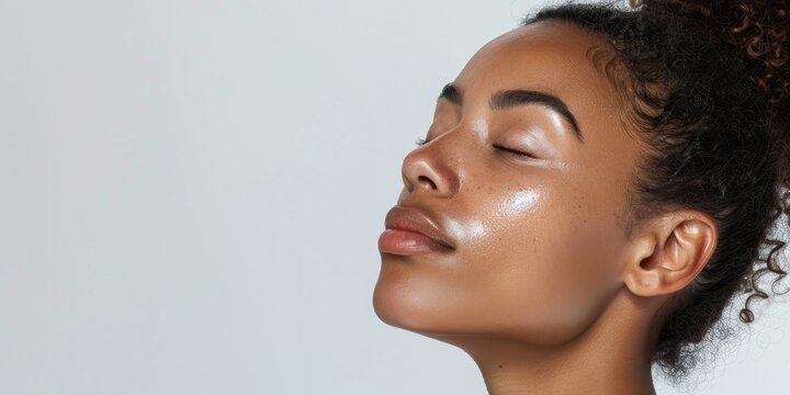 Close up portrait of a beautiful young African-American woman with flawless skin and natural hair.