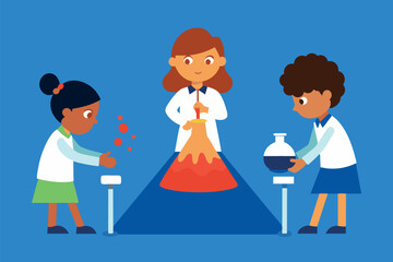  Three children engaged in a science experiment.The image is interesting, presents learning through hands-on experiments, which can be an effective learning method for children.