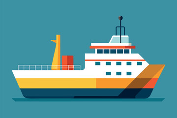  The ship has a large hull with multiple decks, a prominent smoke-free chimney, and a bridge on the upper deck. The color scheme includes shades of yellow, orange, white, and blue.