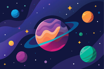 Obraz premium view of a cosmic scene. A large, bright planet with rings is seen in the front, surrounded by various smaller planets and stars on a dark purple background with swirling patterns,