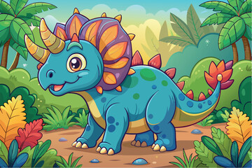 Obraz premium dinosaurs in a prehistoric jungle. The environment includes lush greenery, palm trees, ferns, and a clear blue sky.