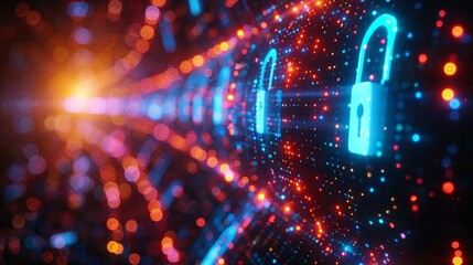 A vibrant illustration of cybersecurity systems, featuring digital locks and encrypted data streams within a neural network, highlighted by a bright, colorful bokeh background.