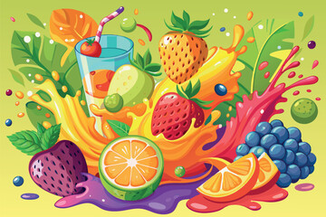 Strawberries, blueberries, apple, orange and lemon slices and small berries in a dynamic composition with lively splashes of juice around them.