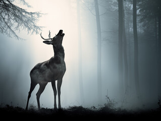 Deer With A Semi-transparent Body Revealing Its Skeleton, Howling At The Moon In A Dense, Eerie Forest