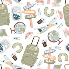 Seamless pattern with tourist items. Endless background with luggage, airplane, travel things. Travel around the world, adventure. Great for wallpaper, scrapbooking, fabric