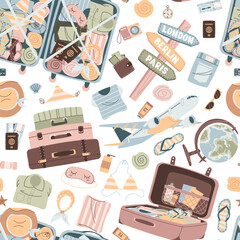 Seamless pattern with tourist items, luggage, tickets and plane. Travel time, summer vacation. Endless texture about trip and flight. Flat vector illustration