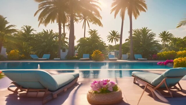 Luxurious swimming pool and loungers umbrellas near beach and sea with palm trees and blue sky, Generative AI