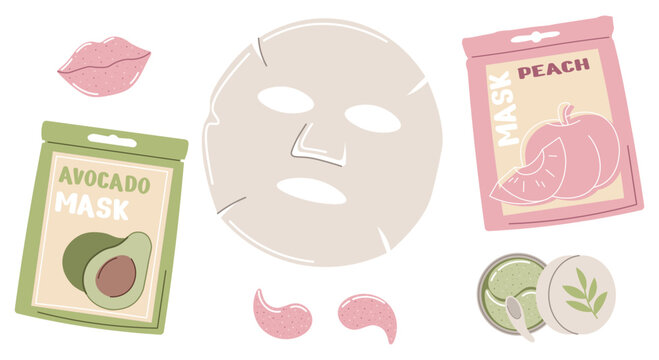 Set of beauty masks made of fabric and gel. Cosmetic moisturizing face masks, patches. Skin care. Flat vector illustration on isolated background