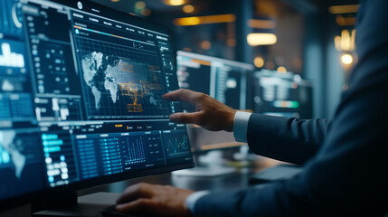 Fototapeta premium Person pointing at world map on screen