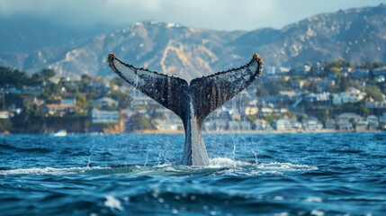 Fototapeta premium Majestic Whale Tail Splashing Water in Front of Coastal Town