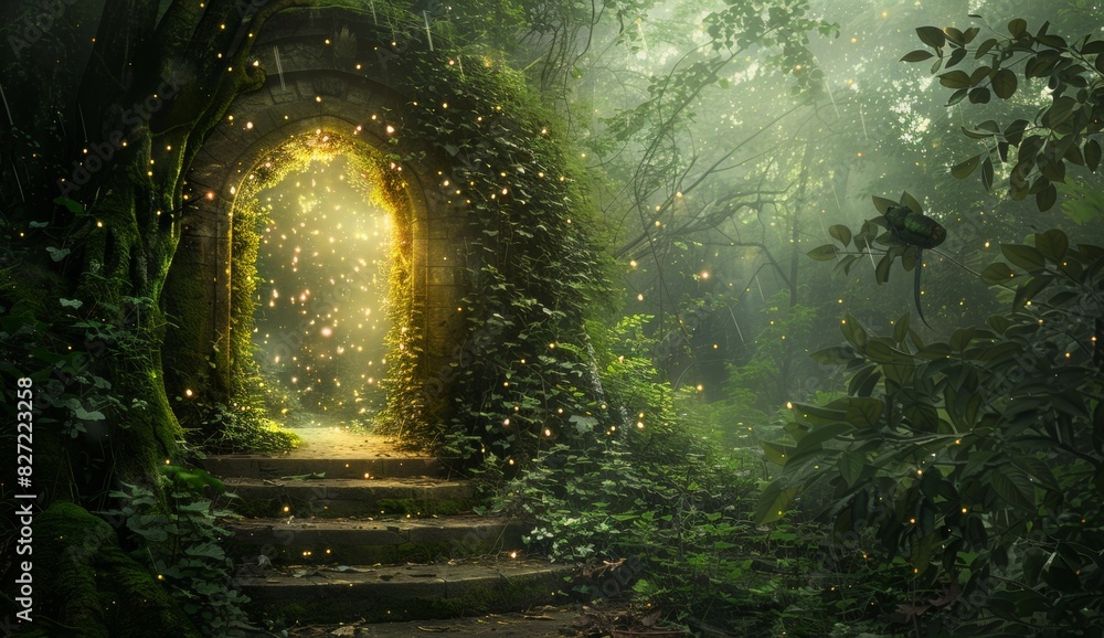 Poster a magical forest gate with glowing light emanating from it