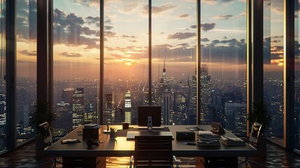 A sophisticated high-rise office with a panoramic city view. 8k, realistic, full ultra HD, high resolution and cinematic photography