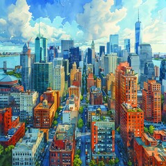 An illustration of a bustling city skyline with skyscrapers and office buildings, representing the corporate world and business districts List of Art Media illustration