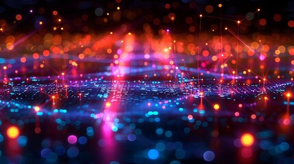 Obraz premium A futuristic 3D model of a global database network, showcasing interconnected data points and pathways illuminated by bright colors, with a bokeh-enhanced background to symbolize the flow of