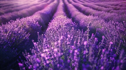 A serene lavender field under the soft glow of twilight, with rows upon rows of purple flowers...