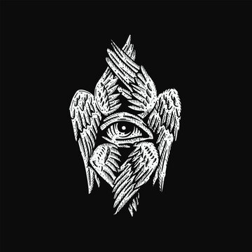 Vintage hand drawn Seraphim one eye with six wings Biblical angel art