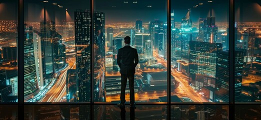 A man in black suit stands at the window of an office overlooking city lights