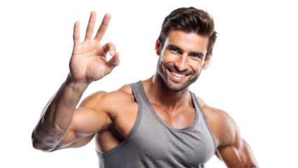 Athletic Man Okay Pose: A fit, athletic man giving an okay sign with enthusiasm, isolated on a white background.
