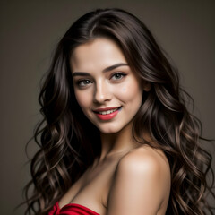 Obraz premium Laughing Beauty: Brunette Model with Long, Lush Hair